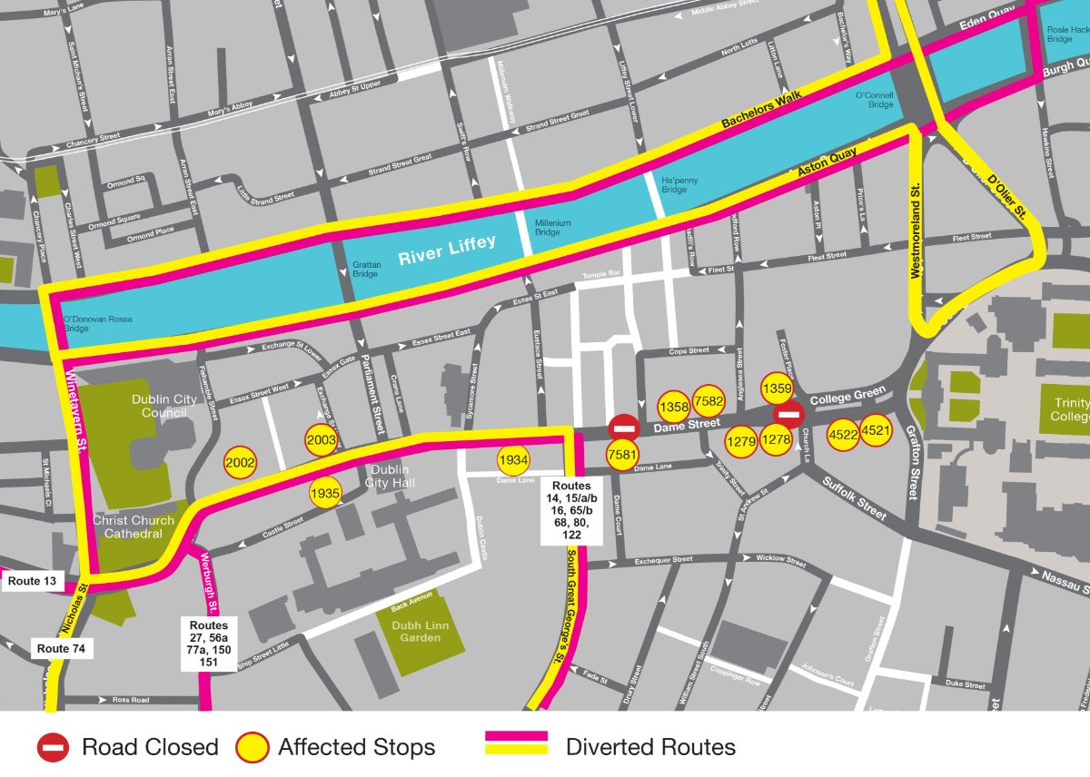map of college green diversion, pink route serves the quays, winetavern street, lord edward street, high street, werburgh street, south great george street, yellow route serves d'olier street, westmoreland street, the quays, winetavern street, lord edward street, south great george street, affected stops 2002, 2003, 1935, 1934, 7581, 1358, 7582, 1359, 1279, 1278, 4522, 4521