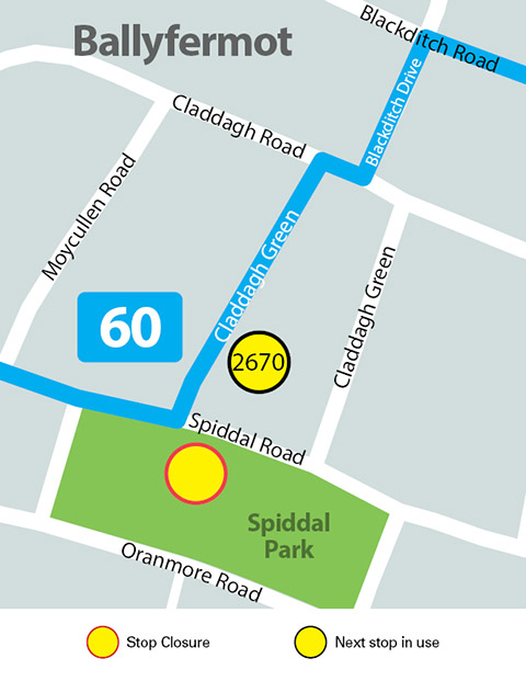 Image of Map showing new stop relocation for stop 2670 Spiddal Park, Spiddal Road to Claddagh Green.