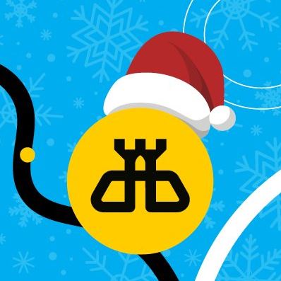 Dublin Bus logo with a Christmas hat on it and blue background with yellow and white swirls