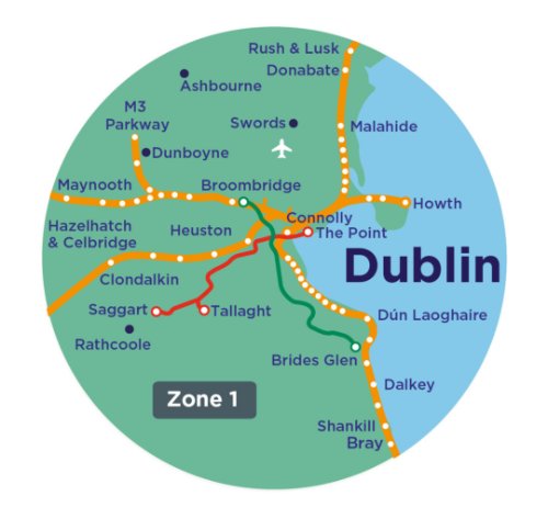 map of zone 1 in Dublin. Places mentioned from top to bottom include, Rush and Lusk, Donabate, M3 Parkway, Swords, Malahide, Dunboyne, Maynooth, Broombridge, Howth, Hazel and Celbridge, Heuston, Connolly, The Point, Clondalkin Saggart, Rathcoole, Tallaght, Dún Laoghaire, Bridges Glen, Dalkey, Shankill, Bray